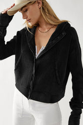 Waffle Texture Zip Front Cropped Hoodie