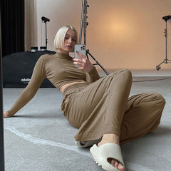 Athleisure Solid Long Sleeve Crop Top Sophisticated Wide Leg Pants Matching Set - Gray L / Khaki