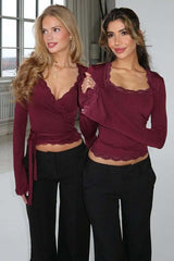 Square Neck Lace Trim Slim Fit Long Sleeve Tee