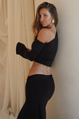 One Shoulder Metal Detail Flared Sleeve Top High Waist Skirt Set