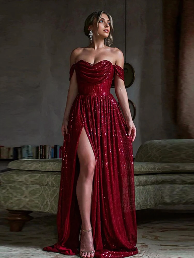 JuliaFashion - 2024 Solid Sequins Strapless Slim Split Dress