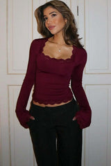 Square Neck Lace Trim Slim Fit Long Sleeve Tee