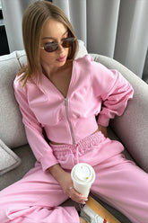Solid Cropped Zip Front Wide Leg Hoodie Set
