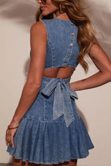 Sleeveless Pleated Denim Dress