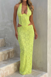 Halter Neck Backless Cut Out Corset Waist Maxi Dress