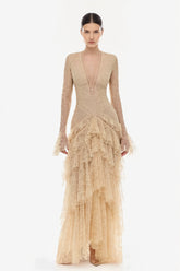 Lace Bell Sleeve Tiered Ruffle Maxi Dress
