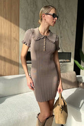 Fitted Peter Pan Collar Short-Sleeve Cable-Knit Sweater Dress