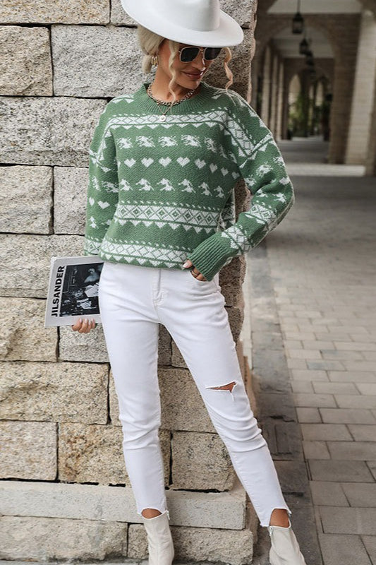 Christmas Color Block Crew Neck Snowflake Sweater