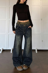 Leopard Panel Double Waist Wide Leg Jeans