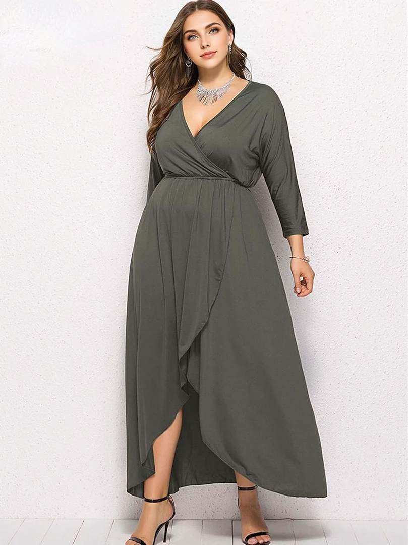 JuliaFashion - 2024 Solid Curve Pleated Waist Party Ruffled Dress