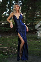 Satin V-Neck Slit Party Dress