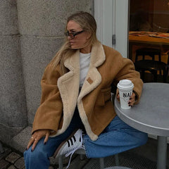 Fashion Lamb Woolen Spliced Warm Coat For Women Vintage Side Buttons Lapel Full Sleeve Jackets Lady Autumn Winter Thick Outwear