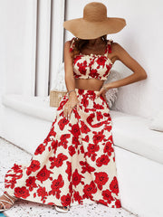 Skirt Tie Tiered Top With Full-Length Flowered Shoulder Set