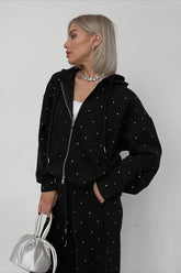 Rhinestone Hooded Loose Fit Two-Piece Set