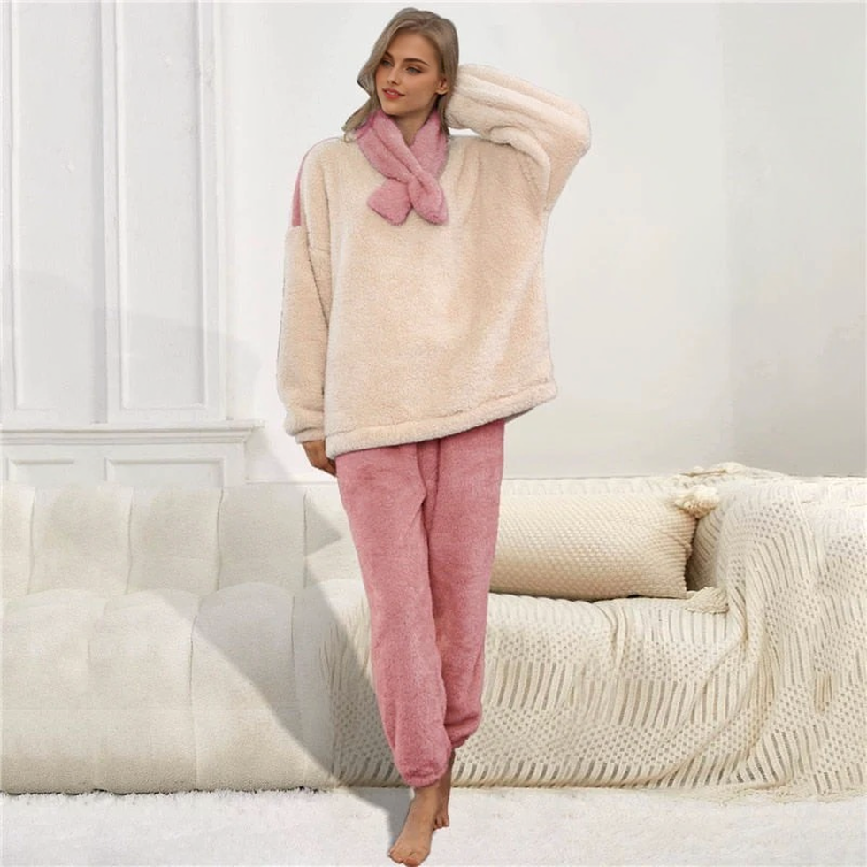 JuliaFashion - 2024 Solid Long Sleeve Winter Fluffy Pijama Suit