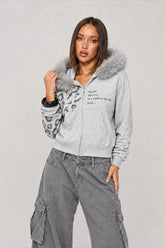Faux Fur Leopard Panel Zip Front Hoodie