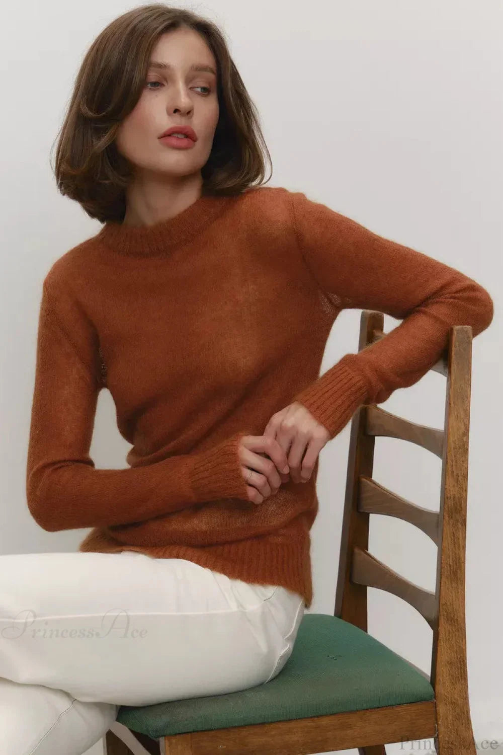 Candy Color Sheer Crew Neck Knit Sweater Brown / S