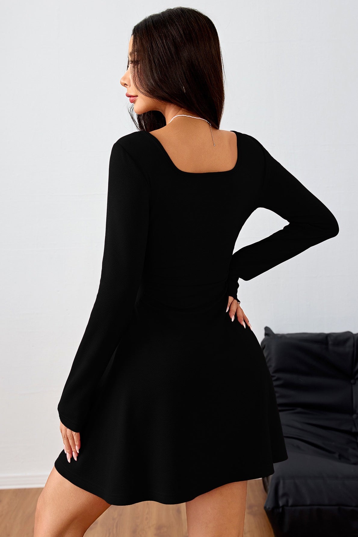 Ruched Solid Square Neck High Waist Elegant Mini Dress