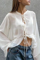 Drawstring Mock Neck Chiffon Blouse
