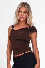 Solid Asymmetric Collar Sleeveless Tie Waist Crop Top