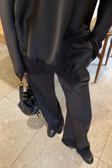 Lace Trim Satin Top and Straight Pants Set