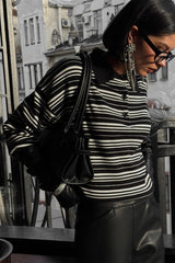 Color-block Stripe Fitted Polo Knit Blouse