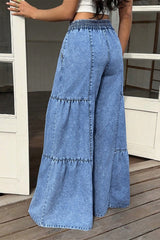 Tiered Panel Drawstring Wide Leg Jeans