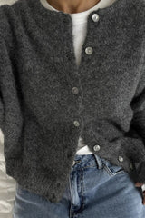 Soft Gray Vintage Shell-Button Knit Cardigan