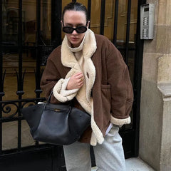 Fashion Lamb Woolen Spliced Warm Coat For Women Vintage Side Buttons Lapel Full Sleeve Jackets Lady Autumn Winter Thick Outwear