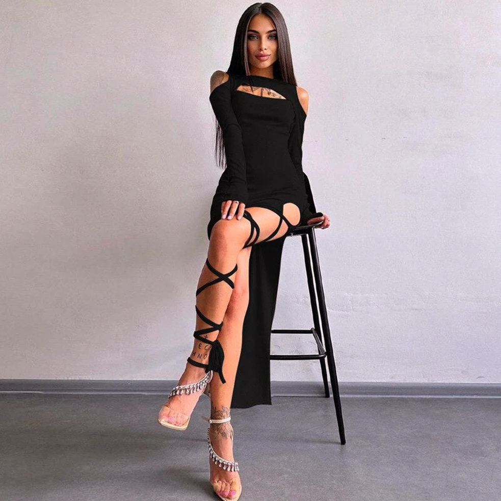 JuliaFashion - Sexy Lace-Up High Split Maxi Dress