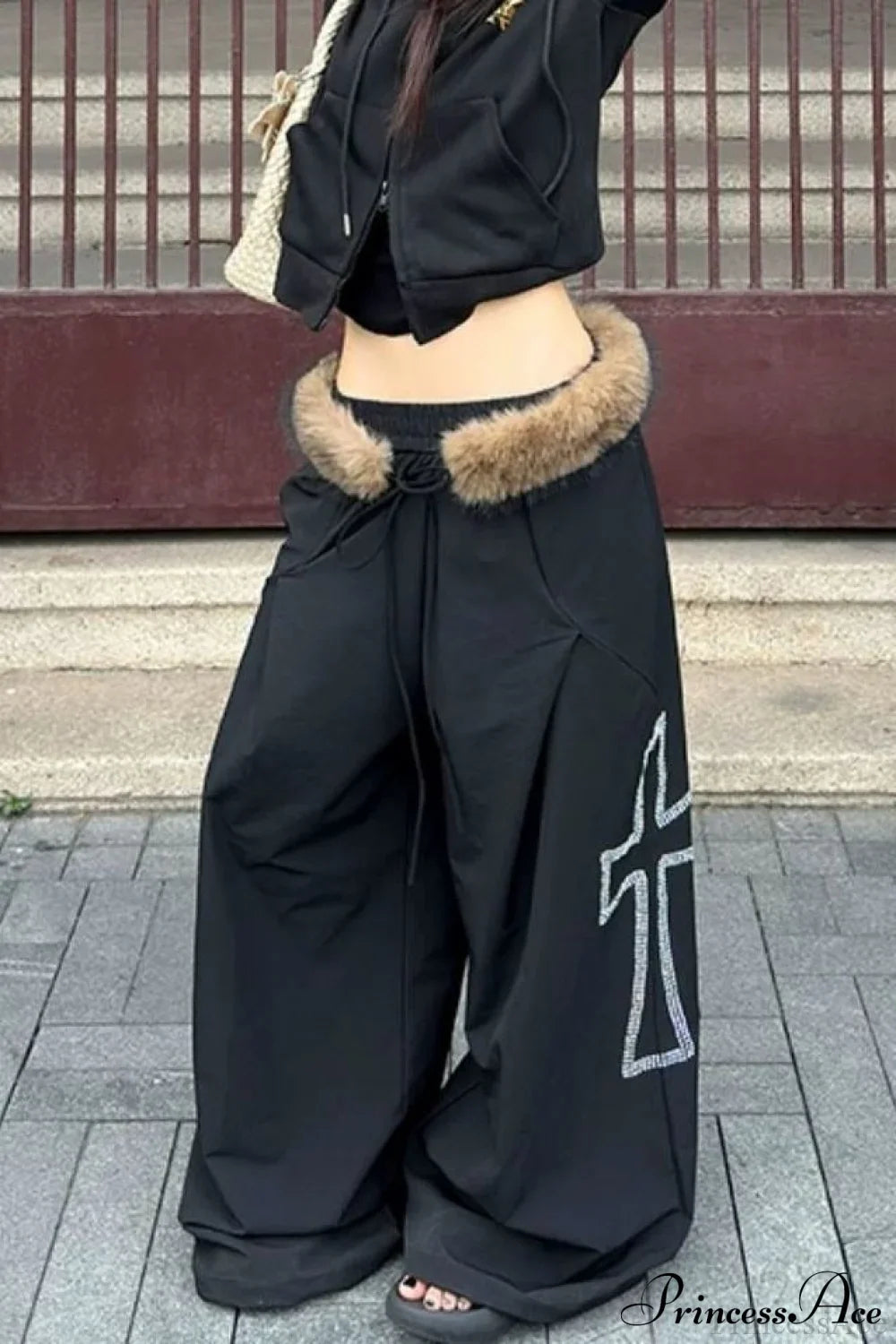 Detachable Fur-Collar Loose Wide-Leg Pants Black / S