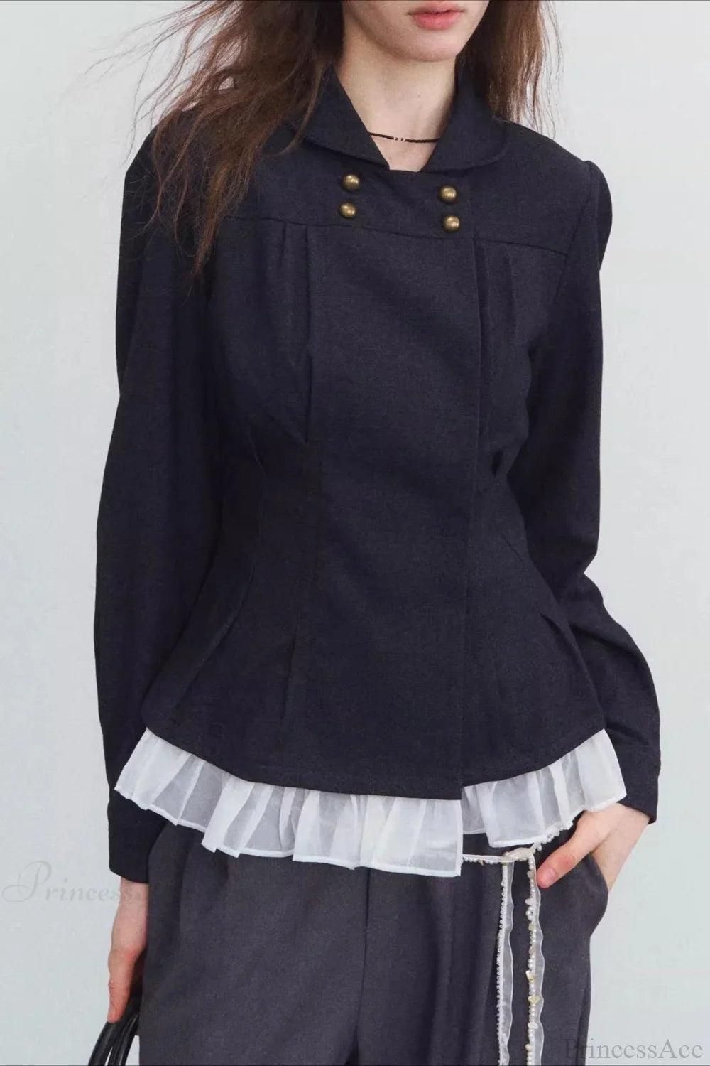 Double-breasted Denim Pleated Slim Jacket Dark navy blue / S