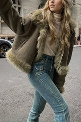 Oversized Fur Collar Suede Look Coat