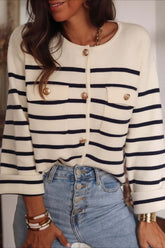 Stripe Button Long Sleeve Knit Blouse