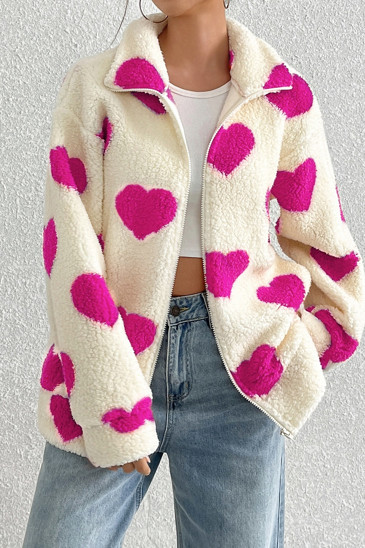Fuzzy Heart Print Oversized Long Sleeve Zip Christmas Outerwear
