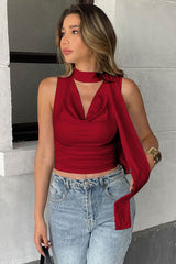 Tie Strap Draped Neck Cinched Crop Top