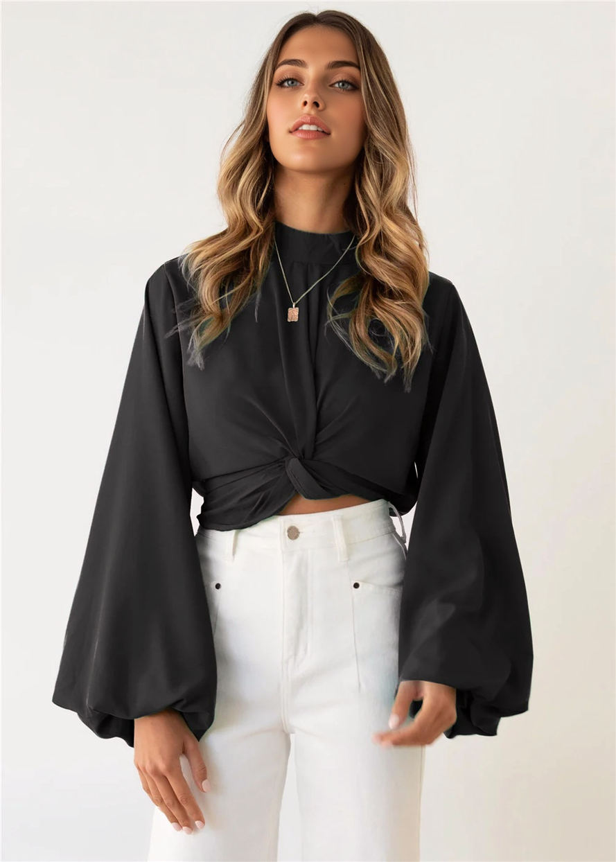 Julia Fashion - Women Long Lantern Sleeve Solid Color Sexy Crop Tops