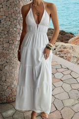 Halter Deep V Tiered Vacation Dress