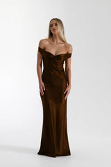Vintage Satin Mermaid Off Shoulder Maxi Dress