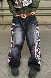 Washed Printed Loose Fit Wide Leg Jeans