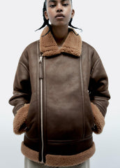 Lamb-Fur Trimmed Lapel Aviator Jacket