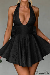 Elegant Evening Halter Bow Tie Party Dress Black / S