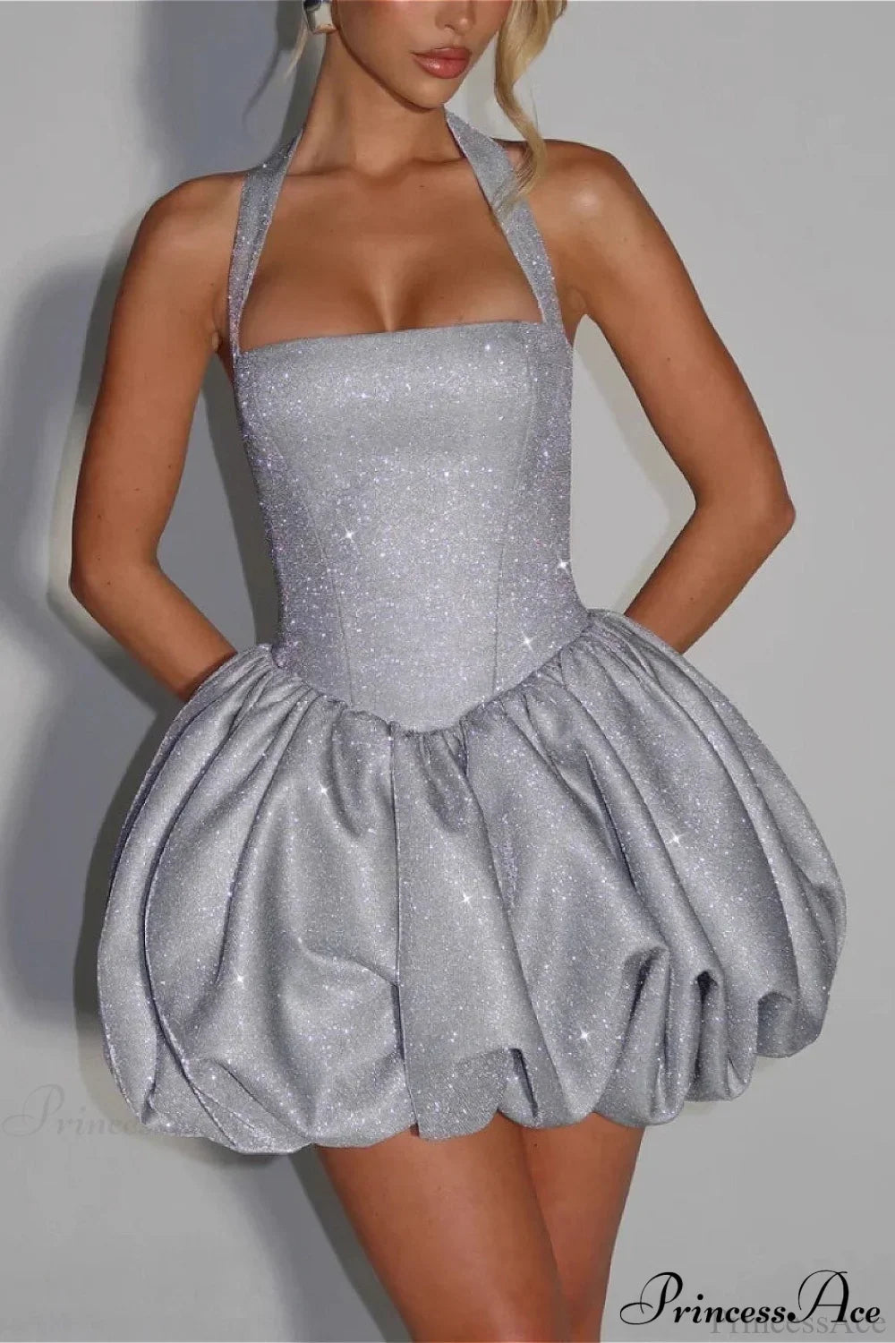 Elegant Halter Tie Puff Party Dress Silver / S