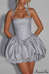Elegant Halter Tie Puff Party Dress Silver / S