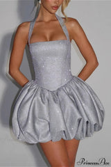 Elegant Halter Tie Puff Party Dress Silver / S