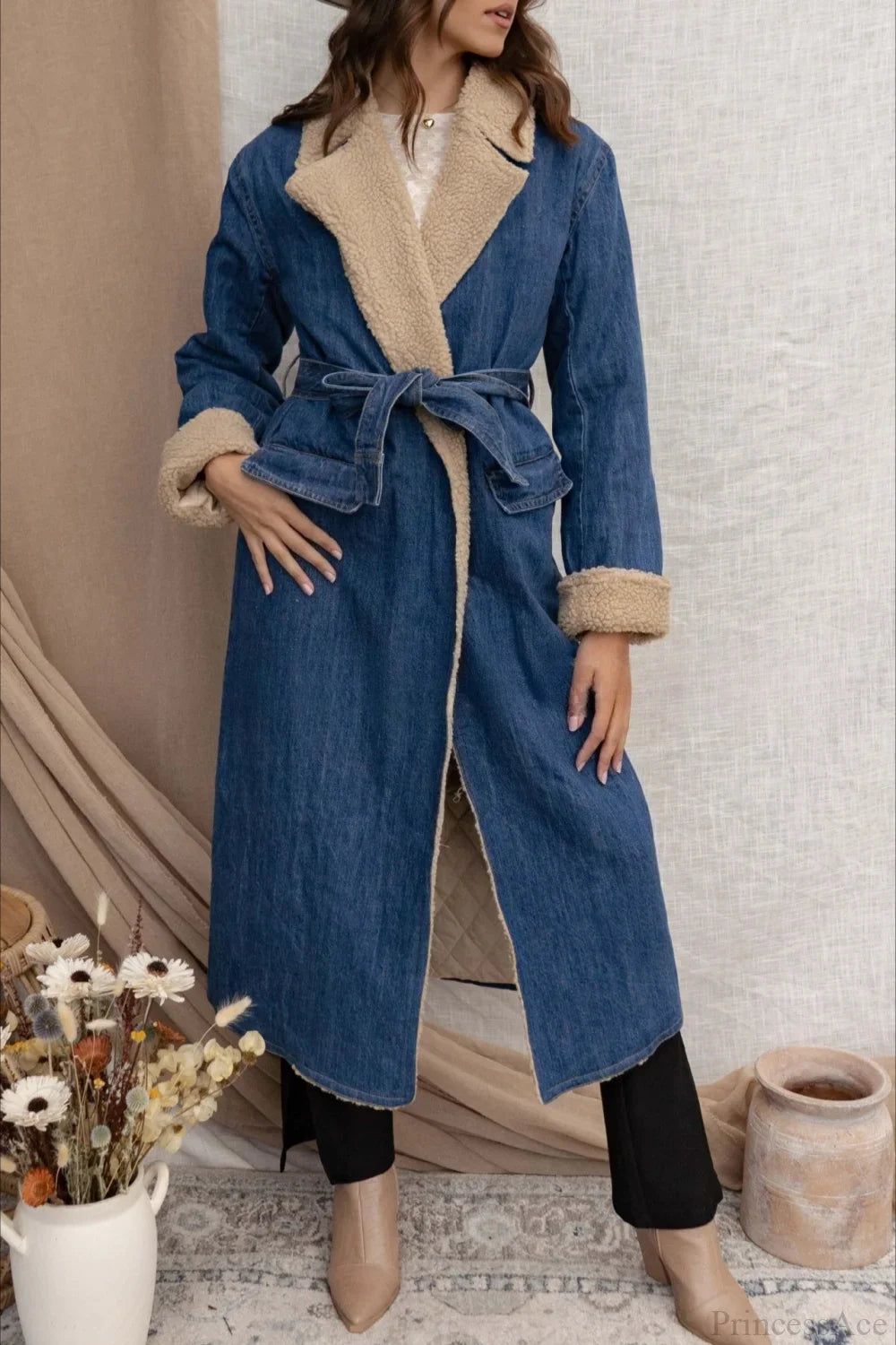 Elegant Sherpa Tie Waist Dual Pockets Denim Overcoat