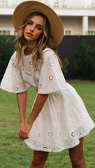 JuliaFashion - White Lace Floral Embroidery Short Sleeve Mini Dress