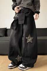 Leopard Print Patchwork Tie Loose Wide Leg Retro Jeans