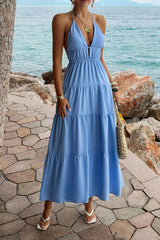 Halter Deep V Tiered Vacation Dress