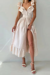 Ruffle Striped Square Collar Midi Dress